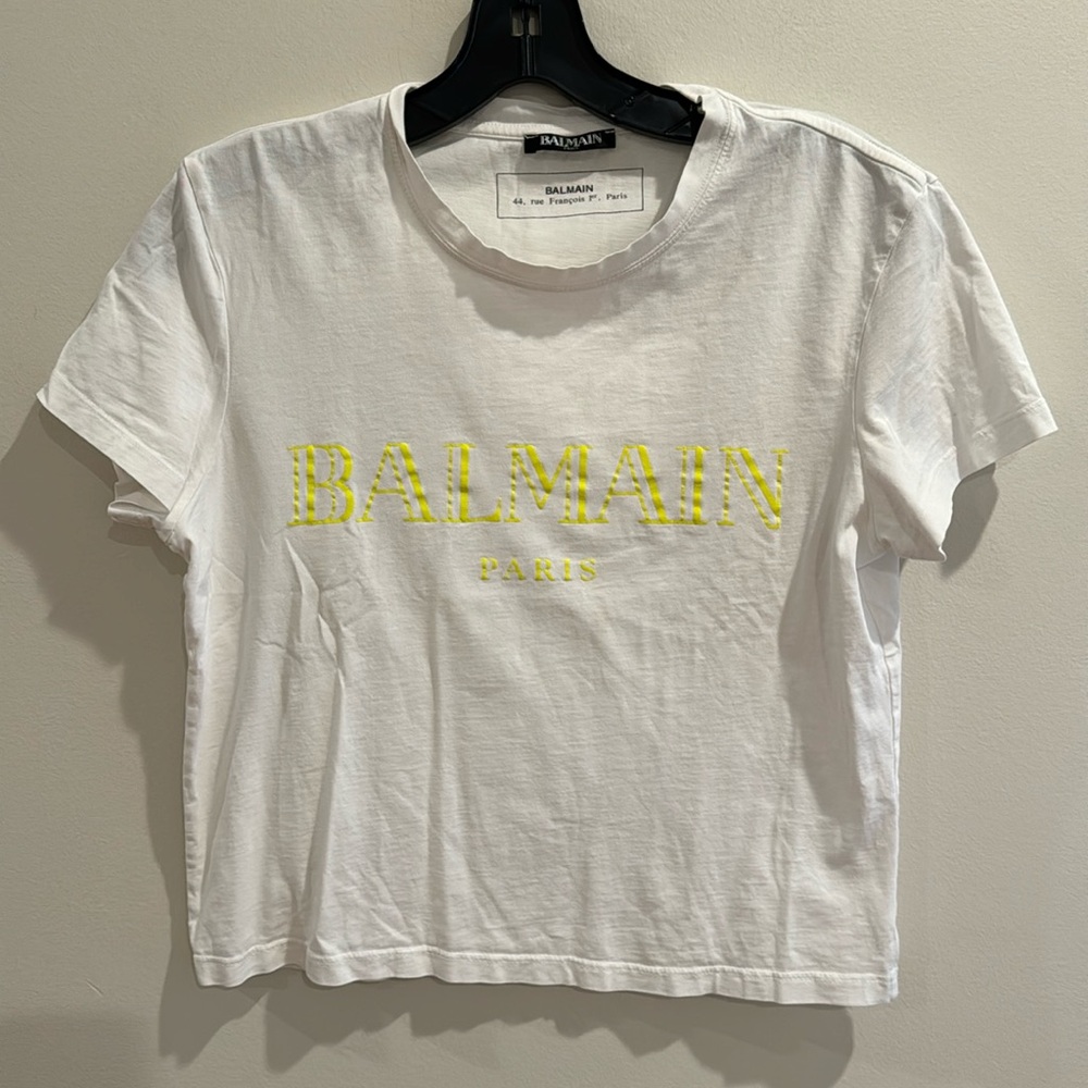 Authentic Balmain white & yellow logo print cropped t shirt
